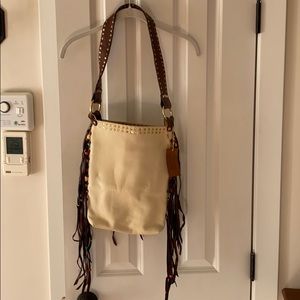 V 33 NYC Leather Handbag. Cream with Fringe.